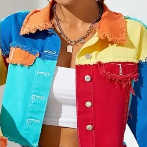 Color Block Raw Hem Frayed Button Up Crop Jacket - Picture 2 of 4